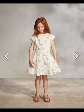Girls White Floral  Elastic-Waist Summer Dress Made In Spain